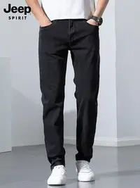 在飛比找Yahoo!奇摩拍賣優惠-JEEP黑色牛仔褲男士春秋修身直筒2024新款彈力潮流冬季休