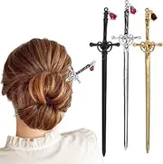 Whaline 3 Pieces Chinese Sword Hair Sticks Metal Sword Hair Pins Stick with Gemstone Pendant Vintage Style Hair Buns Chopsticks Black Silver Gold Color for Women Girls Long Thick Hair Accessories