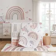 Levtex Baby - Over The Rainbow Baby Bed Set - Pink, Grey, Taupe, Tan and Coral - Rainbow Theme - 4 Piece Set Includes Reversible Quilt, Rainbow Fitted Sheet, Pink Fitted Sheet, Wall Bed Skirt