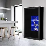Luxsuite Buffet Sideboard Corner Table High Gloss Front 3 Doors Storage Shelf Display Cabinet Cupboard LED Light Black