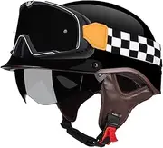 Vintage Open Helmet Motorcycle Half Shell Helmet with Built-in Visor Moped Helmet DOT/ECE Approved for Adult Men Ladies Cruiser Motorcycle with Big Frame Goggles