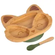 2pc Tiny Dining Olive Green Bamboo Fox Baby Weaning Plate & Fork Set Suction