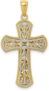 [JewelryWeb] 14ct Textured Solid Back Y W Gold Polished 2 Level Religious Faith Cross Pendant Necklace 35.25x19.4mm Wide