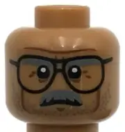Lego New Medium Nougat Minifigure Head Glasses w/ Dark Gray Eyebrows Moustache