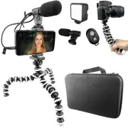 Portable Flexible Tripod Octopus Stand Vlogging Kit W Case, Light + Phone Holder