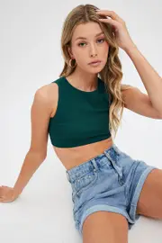 Green Crop Tank Top Crew Neck Seamless - Size L, Women's Tank