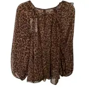 NWT Zara Brown Sheer Leopard Print Long Elastic Cuff Balloon Sleeve Top Size L
