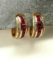 2.60Ct Lab Created Ruby Omega Back Huggie Hoop Earrings 14K Yellow Gold Plated