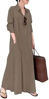 [ChangNanJun] Women's Basic Loose Fit Long Sleeve Button Up Maxi Shirt Dress with Pockets
