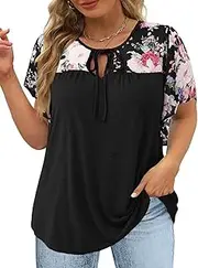 [DOLNINE] Women's Plus Size Tops Casual Summer Boho Floral Tunics Ruffle Sleeve Crewneck Loose Blouses Shirts