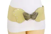 Women Wide Elastic Waistband Gold Color Fashion Belt Butterfly Metal Buckle S M
