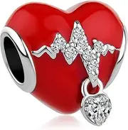 [ZakiaHo] Red Heart Heartbeat Charm Love Electrocardiogram ECG with Sparkling Clear Crystal Charms Bead Compatible with Pandora Charms Bracelets, Copper, No Gemstone