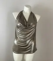 Express Metallic Halter Cowl Neck Top Womens Size L Sparkle Open Back Silver NEW