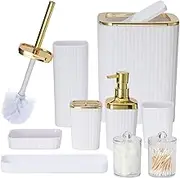 Bathroom Accessories Set,9 Piece White Bathroom Sets Complete with Toothbrush Holder, Trash Can, Lotion Soap Dispenser, Toothbrush Cup, Vanity Tray, Soap Dish, Toilet Brush, Qtip Holder for New Home