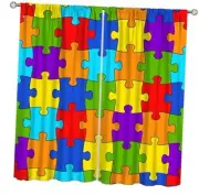 Puzzle Kitchen Curtains, Colorful Puzzle Pieces Fractal Children Hobby