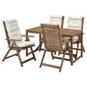 NÄMMARÖ table+4 reclining chairs, outdoor, light brown stained/Kuddarna light grey-beige, 140x75 cm