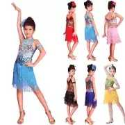 Kid Girls Latin Dance Dress Tassel Salsa Tango Dancewear Sequin Fringe Dress
