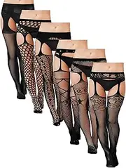 [Bencailor] 6 Pairs Plus Size Fishnet Stockings Plus Thigh Highs Stockings Pantyhose Garter Belts Sets for Women