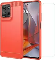 LCEHTOGYE Carbon Fiber Cover for Motorola Moto G75 5G + HD Tempered Glass,Shell TPU Bumper Protective Back Case - Anti-Scratch Screen Protector for Motorola Moto G75 5G (6,78")-MFLS - Red
