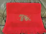 COMPLETED CROSS STITCH CHRISTMAS FINGERTIP TOWEL RED WITH PINE CONES NEW HANDSEW