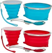 Cagelya Mess Kit for Camping Silicone Collapsible Bowl Collapsible Cup and Stainless Steel Spoon for Backpacking Outdoor Hiking Traveling and Picnic - 2 Pack