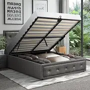 Oikiture King Single Bed Frame with Storage Space Gas Lift Bed Mattress Base Grey
