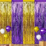 3Pack 3.3Ft x 6.6Ft Graduation Foil Fringe Curtain Backdrop Decorations, Purple Gold Metallic Tinsel Foil Streamers Curtain Photo Booth Background for Graduation Prom Wedding Birthday Party Decoration
