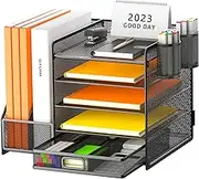 Restorgan Desk Organiser with File Holder, 5-Tier Paper Organiser with Drawer and 2 Pen Holders, Mesh Desk File Organiser with Magazine Holder for Office Organiser Desk