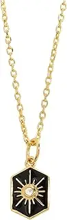 [YoTreasure] Black Enamel Sunburst White Topaz Pendant Solid 14K Gold Plated Over 925 Sterling Silver Chain Necklace, Metal Gemstone, Topaz