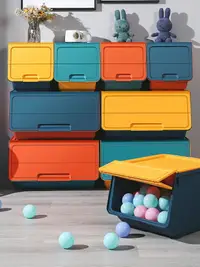 在飛比找樂天市場購物網優惠-前開式翻蓋兒童玩具收納箱塑料家用裝零食衣服書本儲物盒整理柜子
