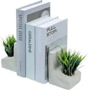 Gray Concrete Bookends w/ Artificial Grass Plants, Desktop Book Stands, 1 Pair