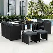 ALFORDSON Outdoor Dining Set Patio Furniture 9pcs Conversation Set, Wicker 9 Pieces Lounge Chair & Glass Top Table Setting, Steel Frame Garden Rattan Armchair with Cushions, Black