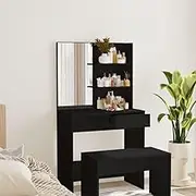Modern Black Dressing Table with Mirror - 74.5x40x141 cm Vanity, Engineered Wood & Acrylic, Ample Storage Drawers and Shelves for Makeup, Bedroom, Minimalistic Design Safety Attachment