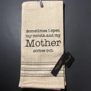 Mona B Funny Waffle Cotton Tan/Black Kitchen Dish Towel-“Sometimes I Open My..”