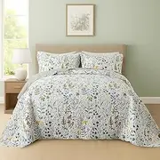 SCHNAUZER HOME Quilt Set King Size 3 Piece, Garden Style Floral Printed Bedding Coverlet Set, Lightweight Soft Reversible Bedspread Sets for All Season (1 Quilt & 2 Pillow Shams)