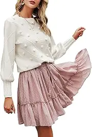 [Miessial] Women's Crew Neck Lantern Sleeve Sweater Pullover Elegant Knit Jumper Top - White - 4/6