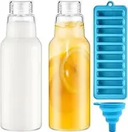 Blissify 1L Glass Juice Bottles with Ice Cube Tray, 2 Pack Borosilicate Glass Water Bottles with Lids, Food Grade Drink Jars for Juice, Smoothies, Water, Milk, Beverage, Dishwasher Safe