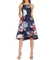 ADRIANNA PAPELL Size 6 Floral Print Mikado High-Low Cocktail Dress Navy Blue