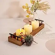 Rustic Brown Wooden Serving Tray with Metal Handles, Farmhouse Centerpiece for Dining Table, Long Narrow Ottoman Tray for Wine Coffee Table Kitchen Decor