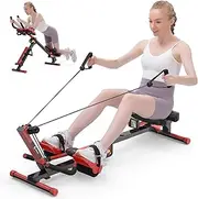 Rowing Machine, 4 in 1 Rowing and Ab Machine with 2 Levels of Workout Resistance, Quiet & Foldable Rower Machine with 3 Adjustable Handle Heights & LCD Monitor, Row Machine for Home Exercise