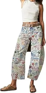 [OULIWANGLUO] Women's Wide Leg Printed Barrel Jeans Mid Rise Multicolour Cartoon Pattern Denim Pants Y2k Vintage Baggy Boyfriend Jeans