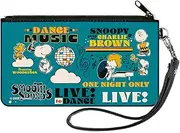 [Buckle-Down] Peanuts Wallet, Zip Clutch, Peanuts Gang Dance Music Poses and Quotes Blue Multi Color, Canvas, Blue, SMALL, Casual