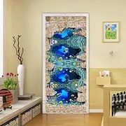 Door Stickers Shark Fish Door Sticker The Underwater World Self-Adhesive Wallpaper for Bedroom Cartoon Ocean Animal Mural(Small,90x200cm)
