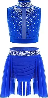 [Fldy] Kids Girls Figure Skating/Lyrical/Ballet Dance Costume Sleeveless Shiny Crop Top with Chiffon Skirt