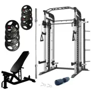 Smith Machine Bundle - 100kg Rubber Weight Plates, Barbell & Bench
