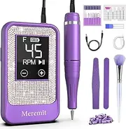 Professional Nail Drill 45000 RPM, Meremit Cordless Nail Drill with Diamond Decoration, Comes 12Pcs Drill Bits, Large LCD Screen, Rechargeable Portable Electric Nail Drill Kit for Home Salon