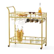 2-Tier Gold Metal Bar Cart with Wine Rack and Glass Holder, 120 lbs Capacity