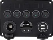 5 Gang On/Off Toggle Switch Panel Dual USB Voltmeter Ultra Luxury Green/Red LED for Car Boat Marine Truck (Green Light)