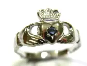 Size M 9ct White Gold Australian Sapphire (Birthstone September) Claddagh Ring