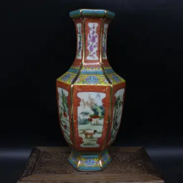 清乾隆年制粉彩描金萬花不落地四方花瓶仿古觀賞瓷器擺件古董古玩1入